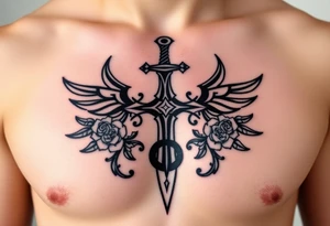 A gothic cross with a sword tip on the bottom going through an infinity sign and has roses and vines growing around and wings on the sides tattoo idea
