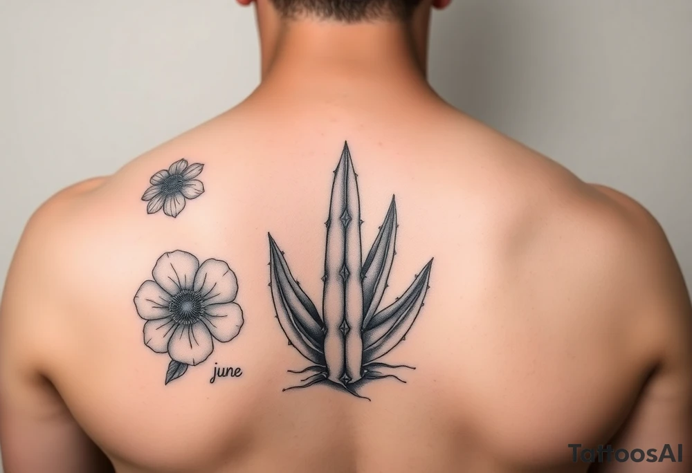 Birth flower for June July December for my kids and a cactus to represent sober dry journey sleeve male tattoo idea