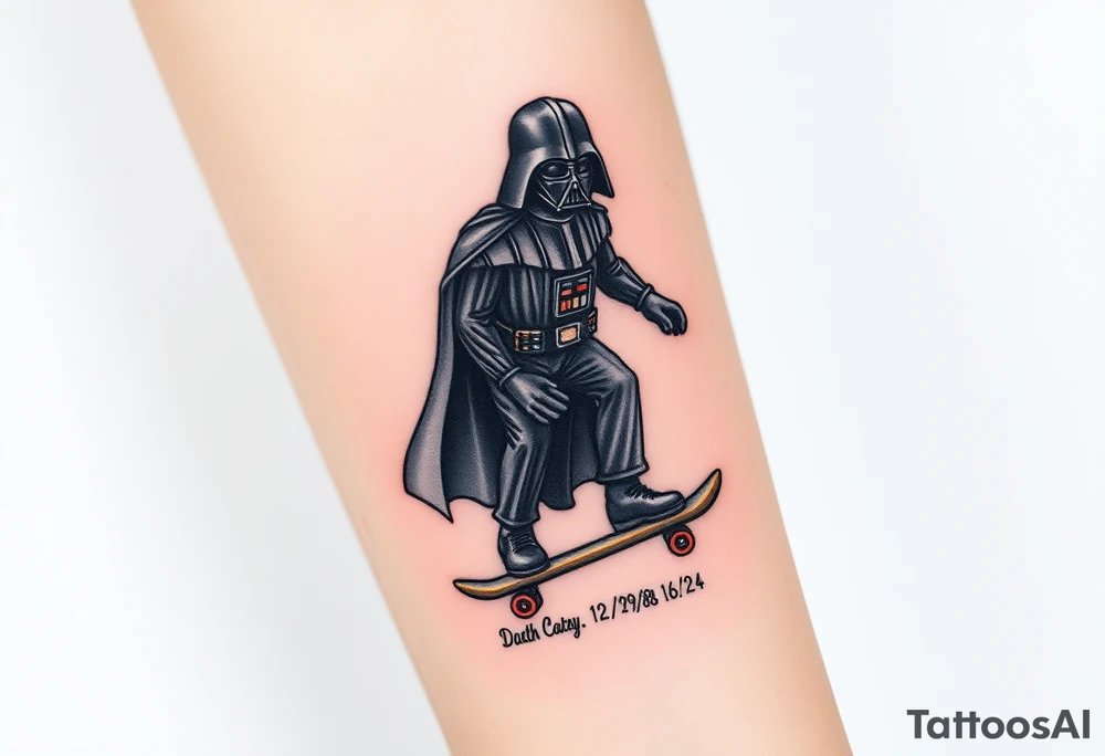 Darth Vader skateboarding > bullets > in loving memory > colors
add words "Darth Carter" to skateboard
add date 12/29/88-01/06/24 tattoo idea
