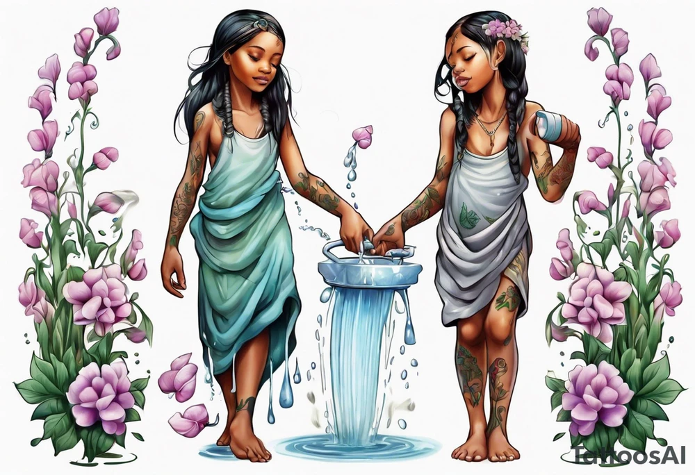 ethnic 
water-bearing woman and two little boys, watering sweet pea flowers cascading down, (leg art) tattoo idea