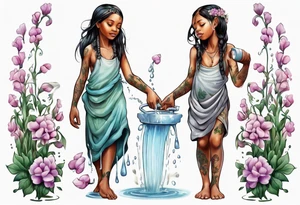 ethnic 
water-bearing woman and two little boys, watering sweet pea flowers cascading down, (leg art) tattoo idea