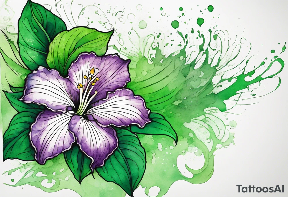 An outline of an only green rio dipladenia flower and a green/purple watercolor splash in the background tattoo idea