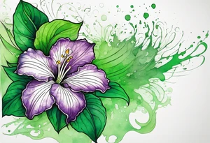 An outline of an only green rio dipladenia flower and a green/purple watercolor splash in the background tattoo idea