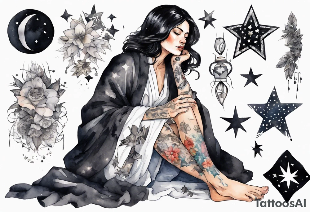 a beautiful black-haired middle-aged woman dressed in a black and white Nordic robe, feet wrapped in bandages, surrounded by stars tattoo idea