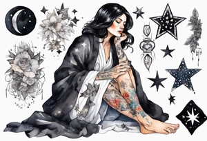 a beautiful black-haired middle-aged woman dressed in a black and white Nordic robe, feet wrapped in bandages, surrounded by stars tattoo idea