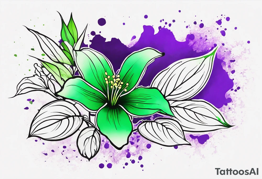 An outline of a green rio dipladenia flower and a green/purple watercolor splatter in the background tattoo idea
