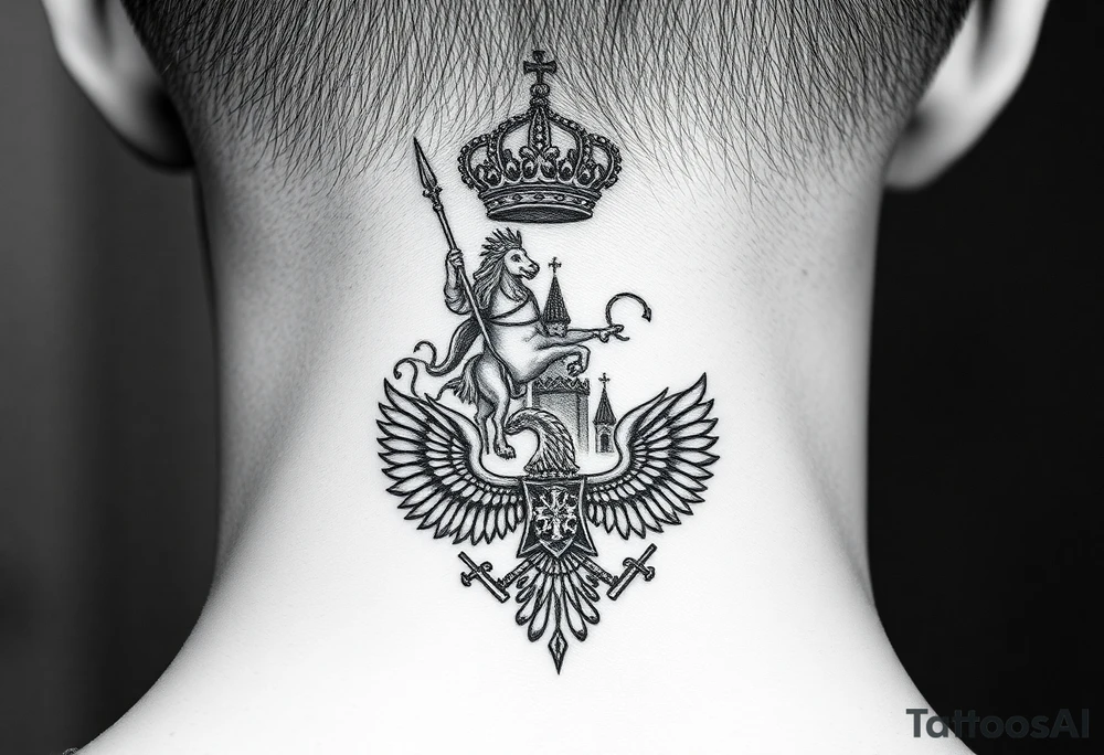 St. George slaying the dragon (hugely common in Russian Orthodox art)
Russian imperial crown above the eagle
Crossed swords or a Russian sabre
The Kremlin or St. Basil's Cathedral scene tattoo idea