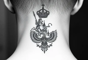 St. George slaying the dragon (hugely common in Russian Orthodox art)
Russian imperial crown above the eagle
Crossed swords or a Russian sabre
The Kremlin or St. Basil's Cathedral scene tattoo idea
