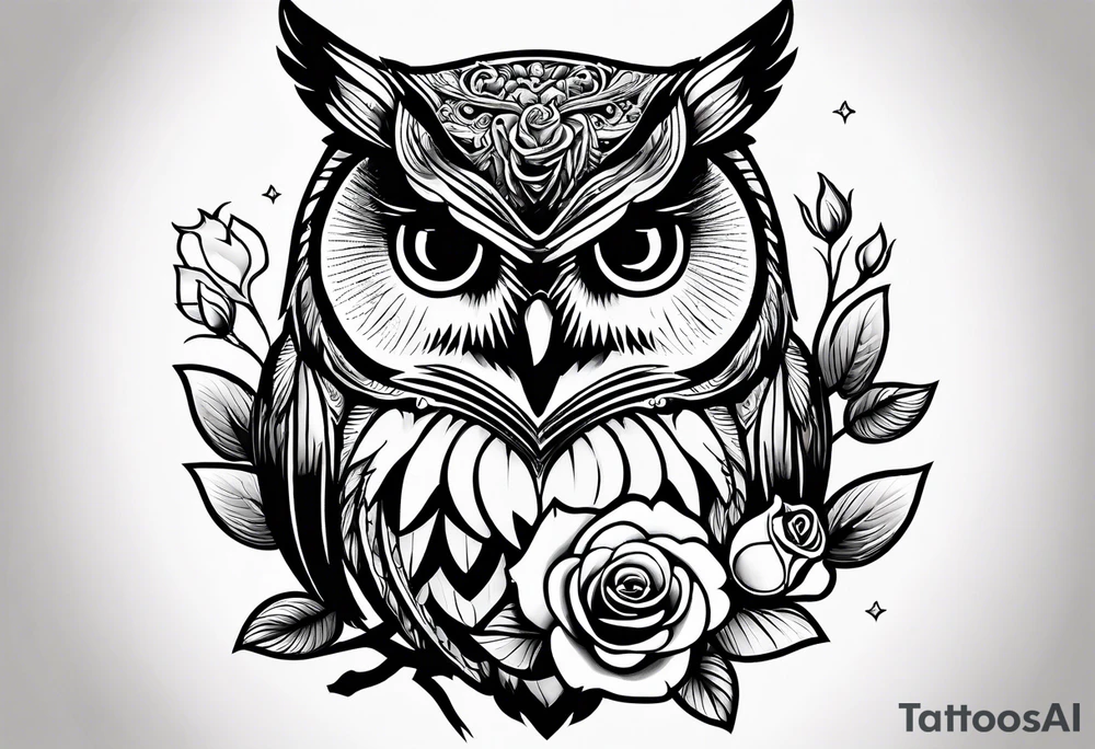 An owl, a rose,  lettering “but the greatest of these is love” tattoo idea