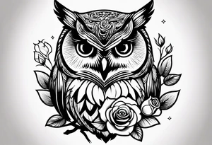 An owl, a rose,  lettering “but the greatest of these is love” tattoo idea