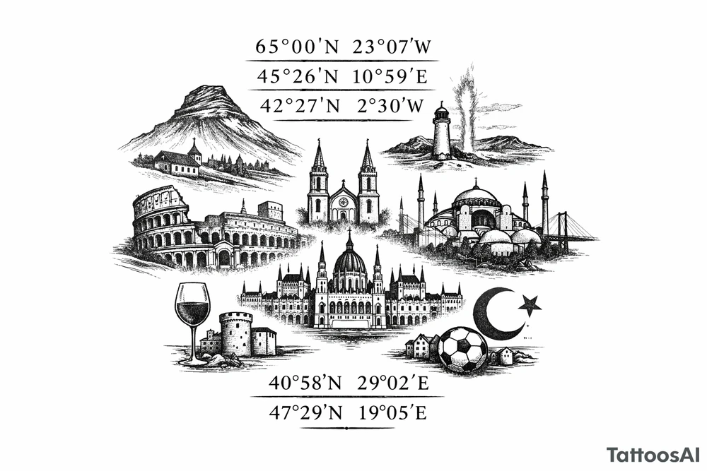 Iceland x3 (sindri, ibv, stjarnan)
Italy x2 (Verona, Sassuolo)
Spain (Logrono)
Turkey x2 (Fenerbahce, Besiktas)
Hungary (Fradi)
France (Bordeaux) Something small that contains these countries or clubs no logos maybe coordinates tattoo idea