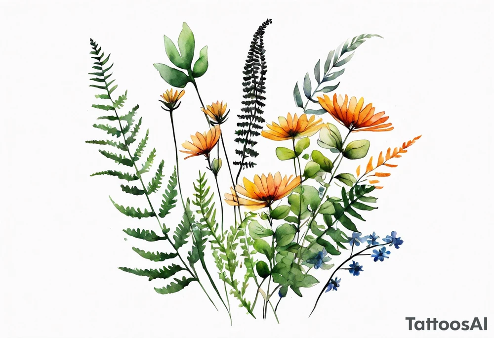 wild flowers long stems bouquet with ferns all watercolor tattoo idea