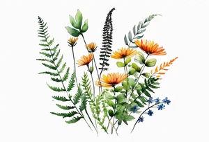 wild flowers long stems bouquet with ferns all watercolor tattoo idea