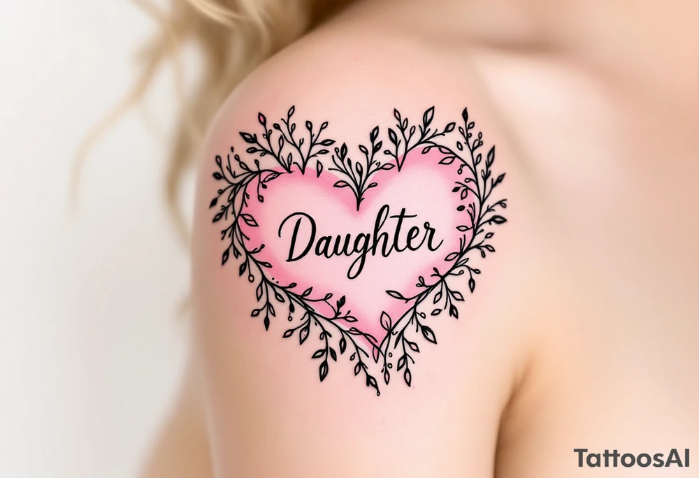 A delicate black and pink line-art heart with the word “Daughter” written in elegant cursive across the center. tattoo idea