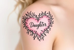 A delicate black and pink line-art heart with the word “Daughter” written in elegant cursive across the center. tattoo idea