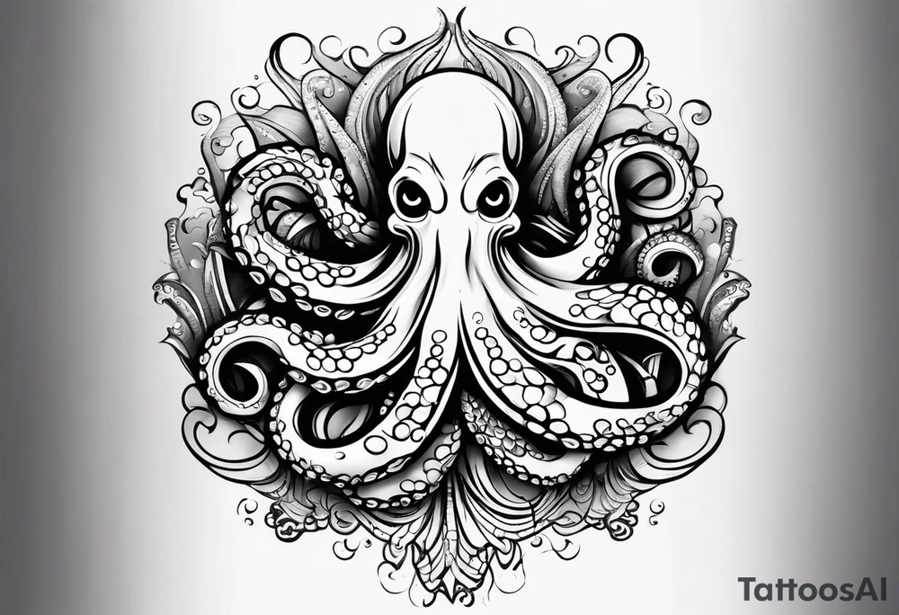 Tribal half sleeve. octopus surrounded by ribbons of water waves filled with fish. the octopus has no eyes. Use thick lines only with less detail. tattoo idea