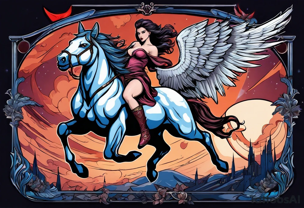 Feminine werewolf and Pegasus fighting in the night tattoo idea