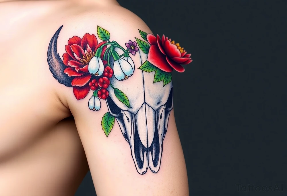 Buffalo or bison skull with flowers. Snow drop and red peony. Green holly with red berries, purple larkspur, red peony.  Colour. For upper arm or shoulder. Masculin. tattoo idea
