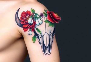 Buffalo or bison skull with flowers. Snow drop and red peony. Green holly with red berries, purple larkspur, red peony.  Colour. For upper arm or shoulder. Masculin. tattoo idea