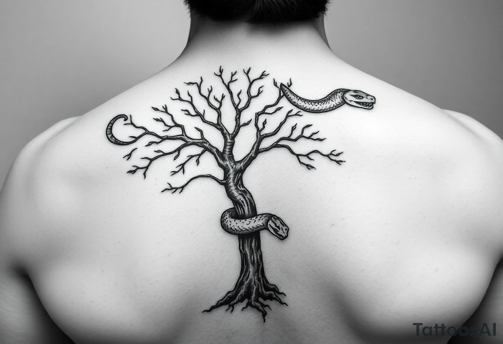 "I want a tree tattoo on my back, with a snake wrapping around the tree and continuing up over my right shoulder, ending with its head on my left shoulder." tattoo idea