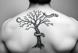 "I want a tree tattoo on my back, with a snake wrapping around the tree and continuing up over my right shoulder, ending with its head on my left shoulder." tattoo idea