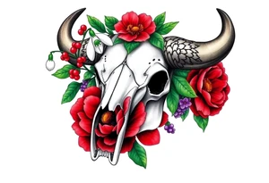 Buffalo or bison skull with flowers. Snow drop and red peony. Green holly with red berries, purple larkspur, red peony.  Colour. For upper arm or shoulder. Masculin. tattoo idea