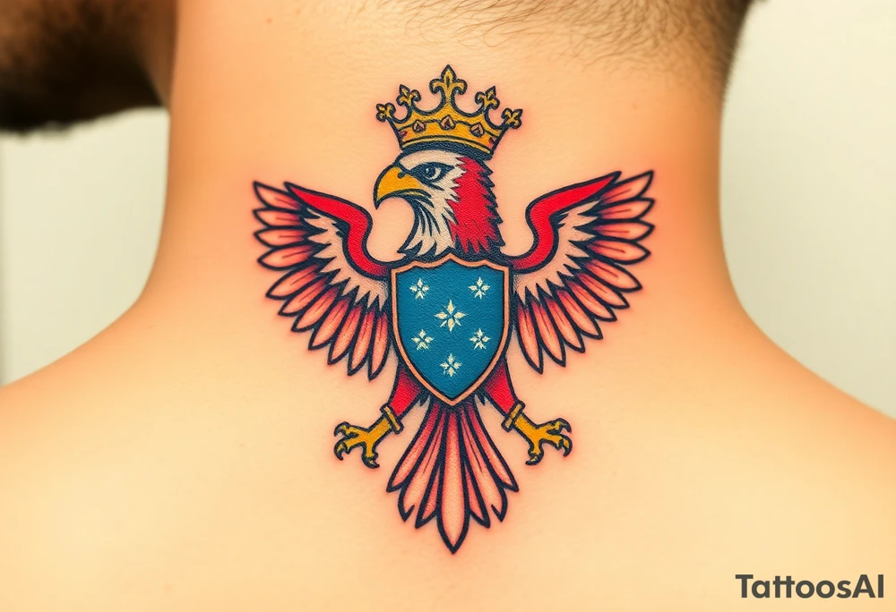 A majestic red and white Moravian eagle with golden crown on its head with a blue shield tattoo idea