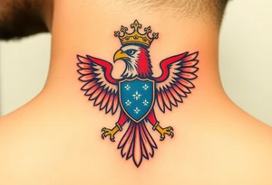 A majestic red and white Moravian eagle with golden crown on its head with a blue shield tattoo idea
