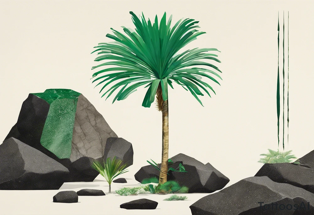 A striking Gachala emerald sits at the base of a tall quindio wax palm, which grows resiliently from cracks in rugged, rocky soil. The emerald is the main focal point, symbolizing strength and endurance, while the wax palm, rooted in the soil’s crevices, represents growth and resilience. A small water stream flows gently from the rocks, adding an element of life and nourishment tattoo idea