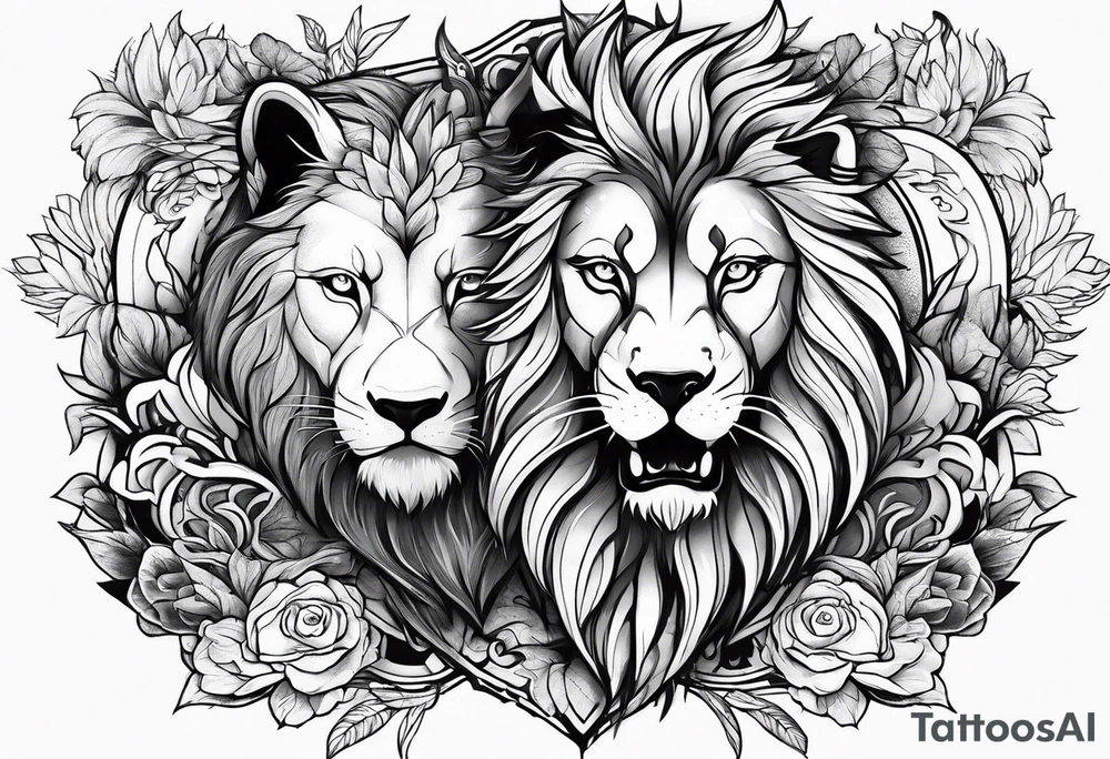 lion and wolf together but playful tattoo idea