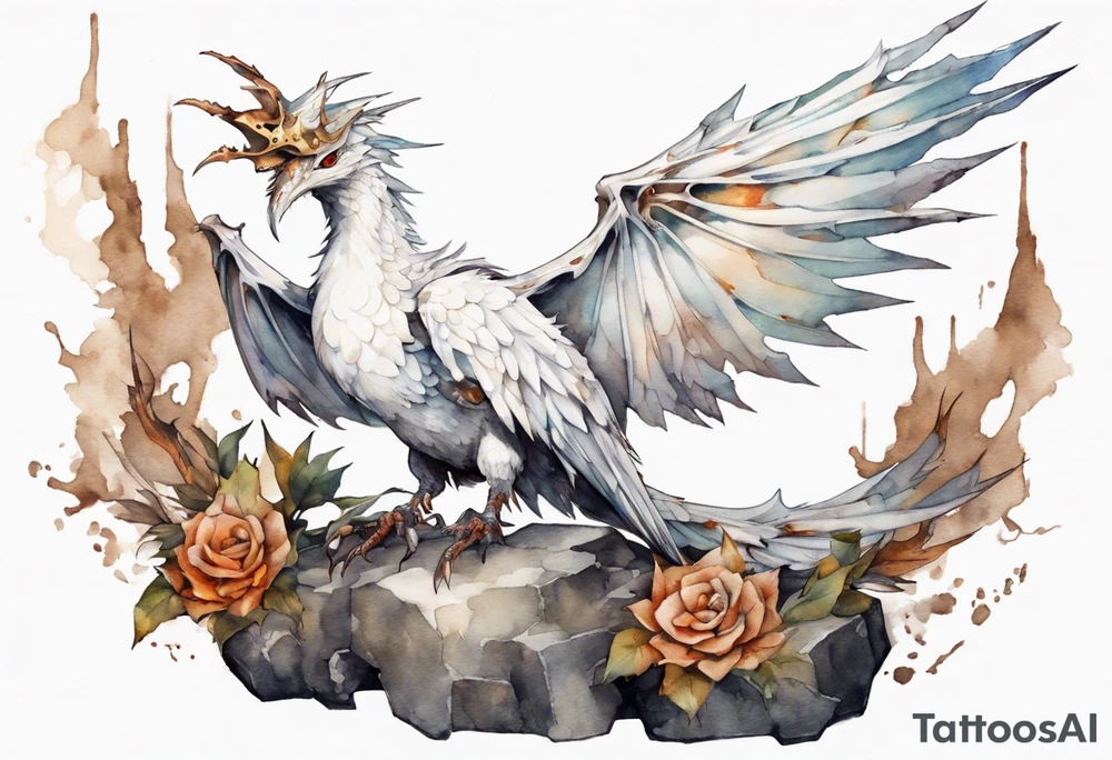 a white bird-wyvern hybrid, wearing a rusted iron crown, perched on a stone tattoo idea