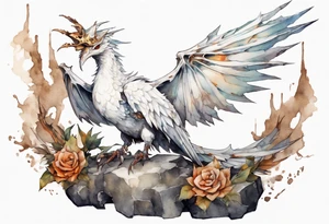 a white bird-wyvern hybrid, wearing a rusted iron crown, perched on a stone tattoo idea