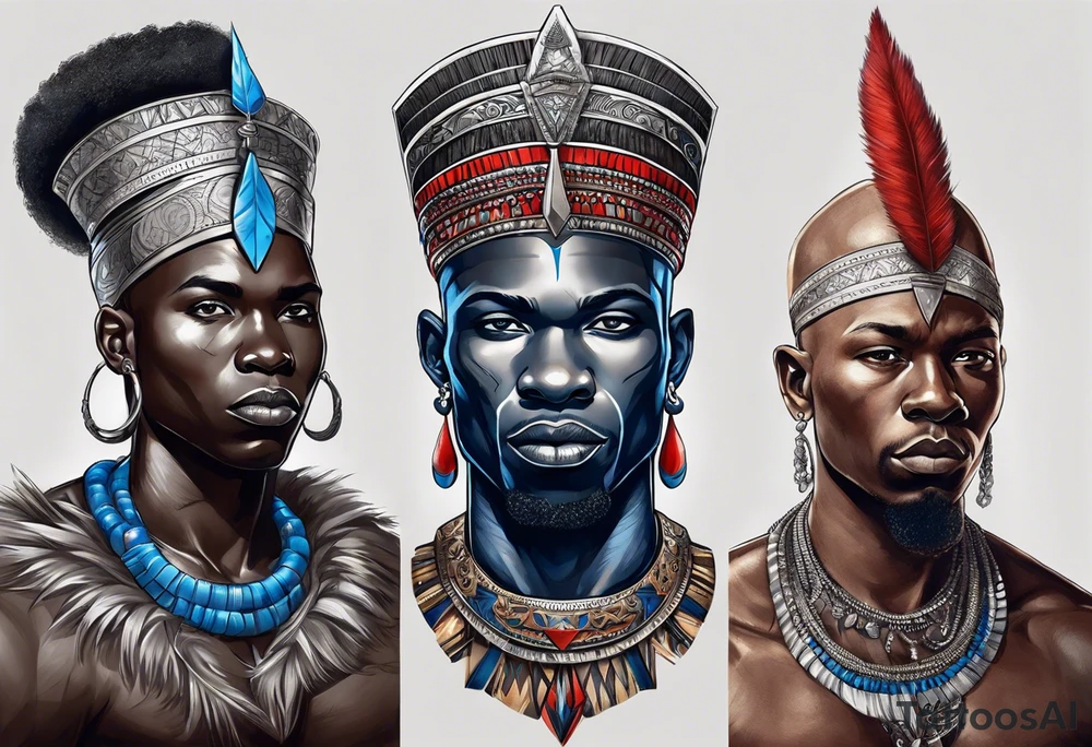 Black-skinned bald african warrior. He wears  a small silver crown. He wears two simple necklaces: one blue, other red. tattoo idea