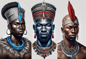 Black-skinned bald african warrior. He wears  a small silver crown. He wears two simple necklaces: one blue, other red. tattoo idea