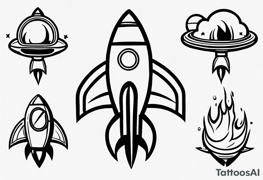 Super simple cartoon rocket ship with a round window, 3 fins, and fire coming out the bottom tattoo idea