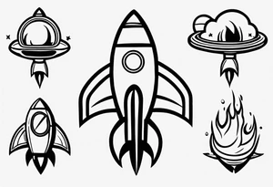 Super simple cartoon rocket ship with a round window, 3 fins, and fire coming out the bottom tattoo idea