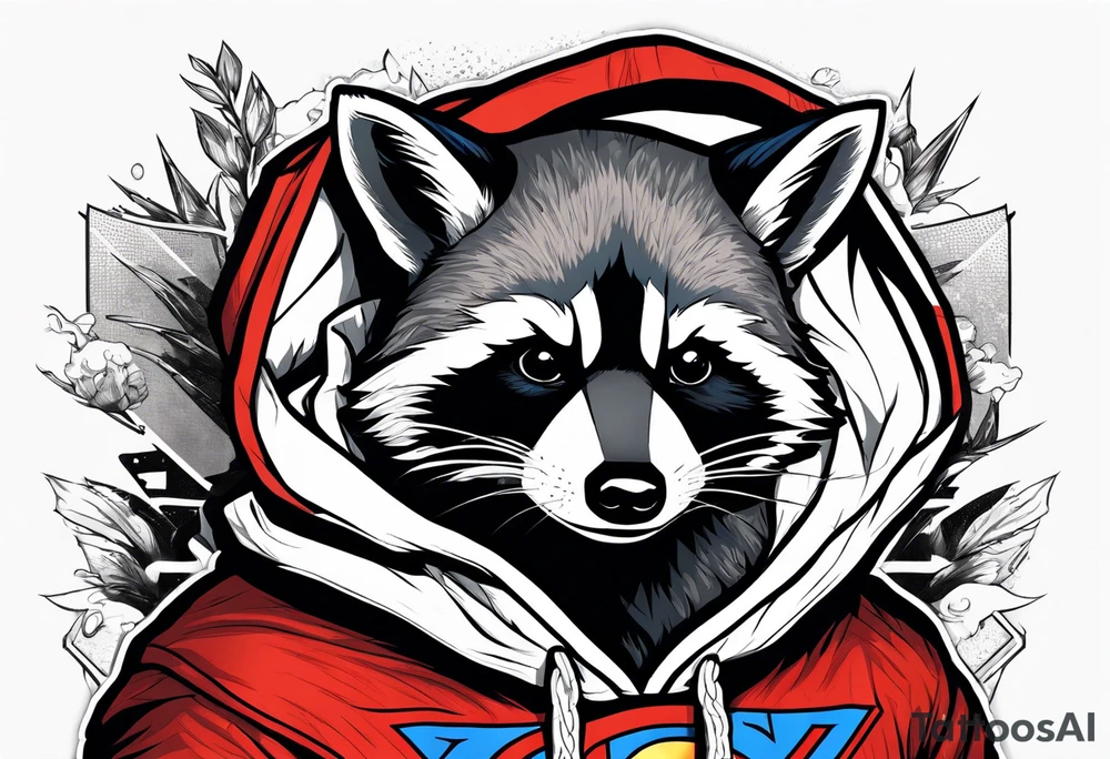 raccoon wearing a Superman hoodie tattoo idea