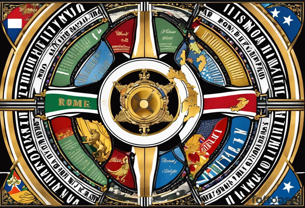 design a wheel with 5 sections. Each section to represent a moment of my life. First section to represent Rome,Italy where I was born. Second section to represent the beginning of my fling career in the Italian Air Force. Think section to represent moving to the United States, Spokane exchacly and continuing flying for Horizon Air. Forth section to include moving to Hawaii and starting a new life style, laid back, growing my own food, taking all the aloha spirit in together with my blondie curly hair partner Ronda . Fifth section to stay empty for the future to come. In the middle of the wheel a combination of American and Italian flag tattoo idea