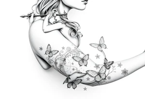 Aquarius goddess with mermaid tail Carrying  water bearer over her shoulder spilling water to the floor with a pisces fish in
Leading to butterflies 
Aries and virgo star signs tattoo idea