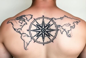antique compass rose overlaid on weathered world map with sailing ships tattoo idea