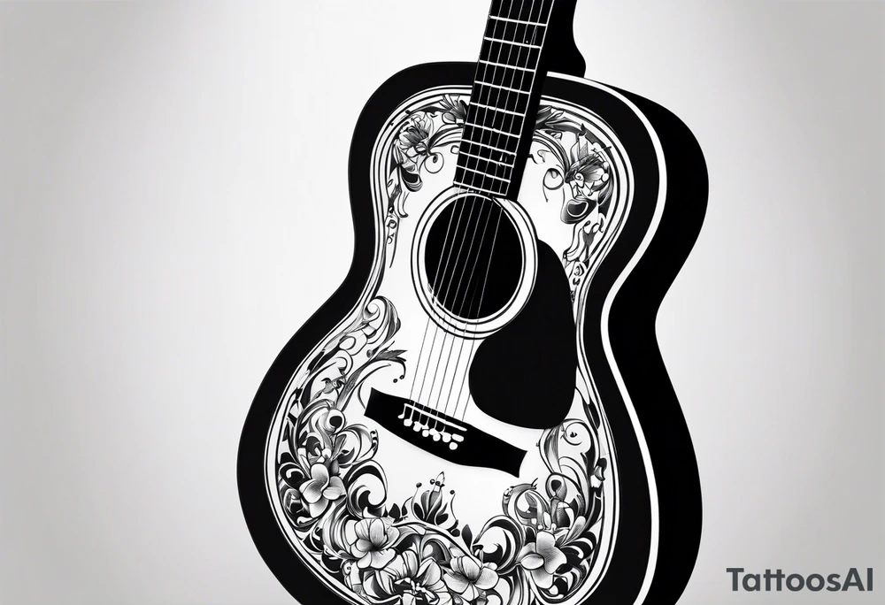 A minimalist guitar design, small in size, with clean lines and vintage detailing. The guitar represents a deep connection to music, with a classic, understated design that captures its essence without embellishments. tattoo idea