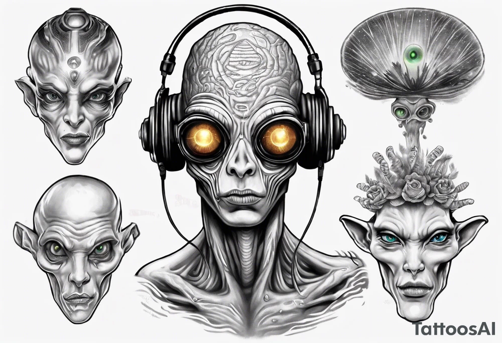 A realistic portrait of an extraterrestrial DJ with a glowing pineal gland tattoo idea