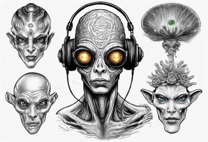 A realistic portrait of an extraterrestrial DJ with a glowing pineal gland tattoo idea
