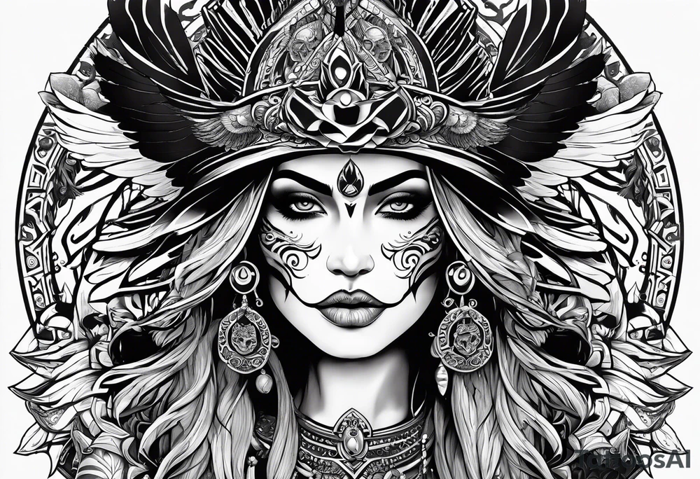 kali, goddess pirate, pachamama, warrior, skull, lotus azul, wing, eagle, zenza resonance tattoo idea