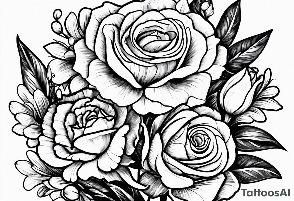 One rose, one daisy, one daffodil, one chrysanthemum, one gladiolus, one lily of the valley tattoo idea