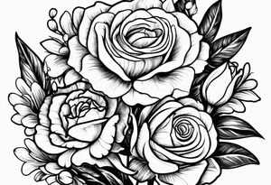 One rose, one daisy, one daffodil, one chrysanthemum, one gladiolus, one lily of the valley tattoo idea