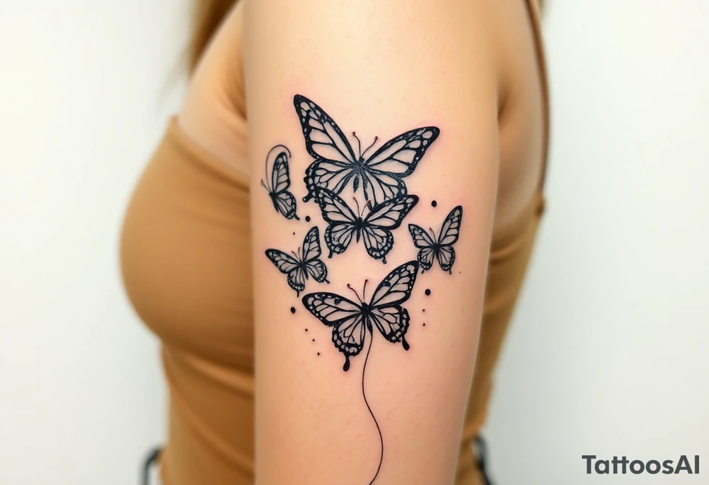 Six different butterflies streaming down arm with six kids names Aden, Aninna, Novaih, Rayla, Jayla, Teresa tattoo idea