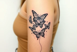Six different butterflies streaming down arm with six kids names Aden, Aninna, Novaih, Rayla, Jayla, Teresa tattoo idea
