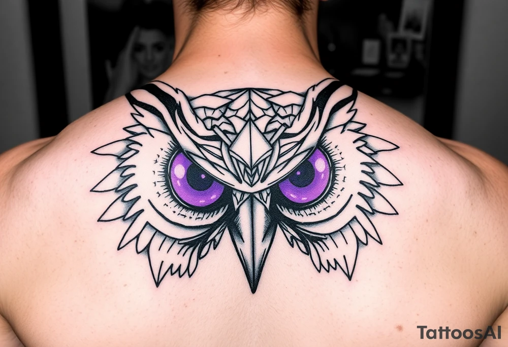 Geometric Owl head with large intense tripping purple eyes without pupils, tattoo idea