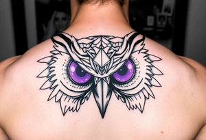 Geometric Owl head with large intense tripping purple eyes without pupils, tattoo idea